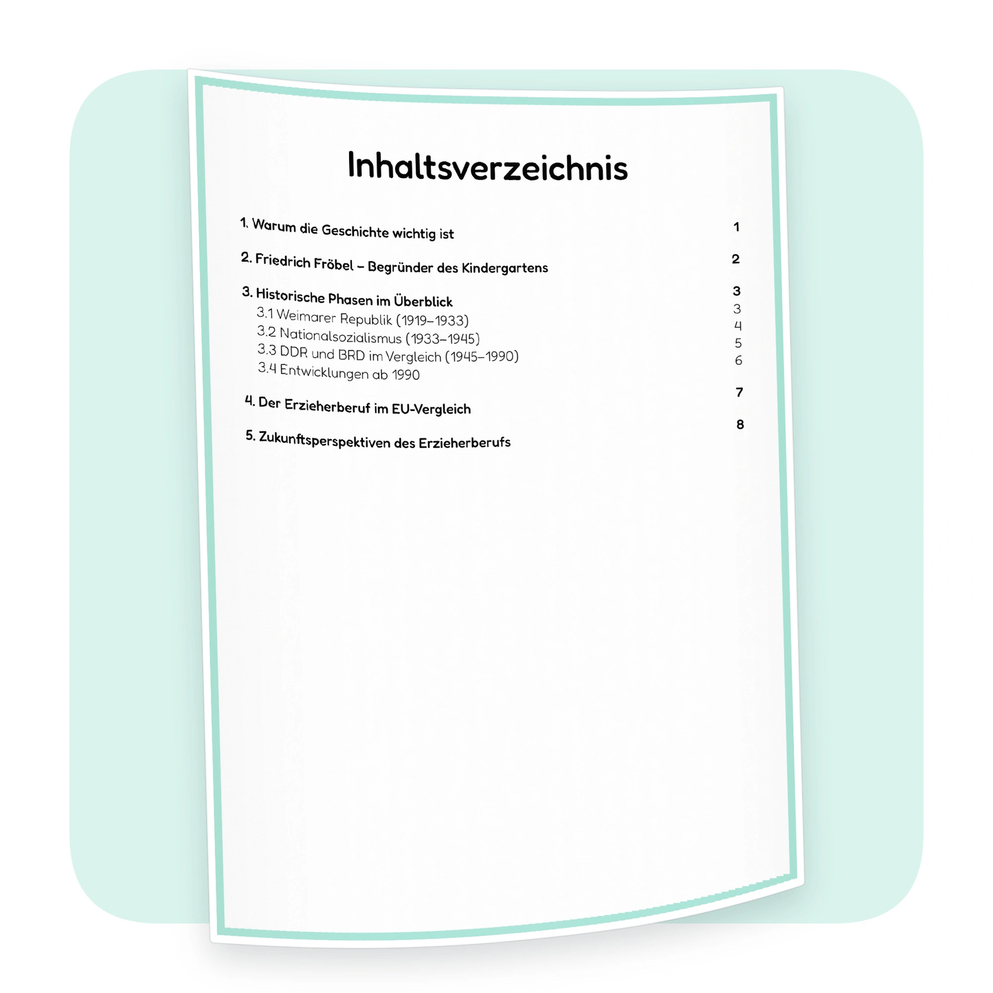 Inhaltsverzeichnis der PDF-Zusammenfassung „Die Entwicklung des Erzieherberufs“ mit den behandelten Themen - ErzieherWissen