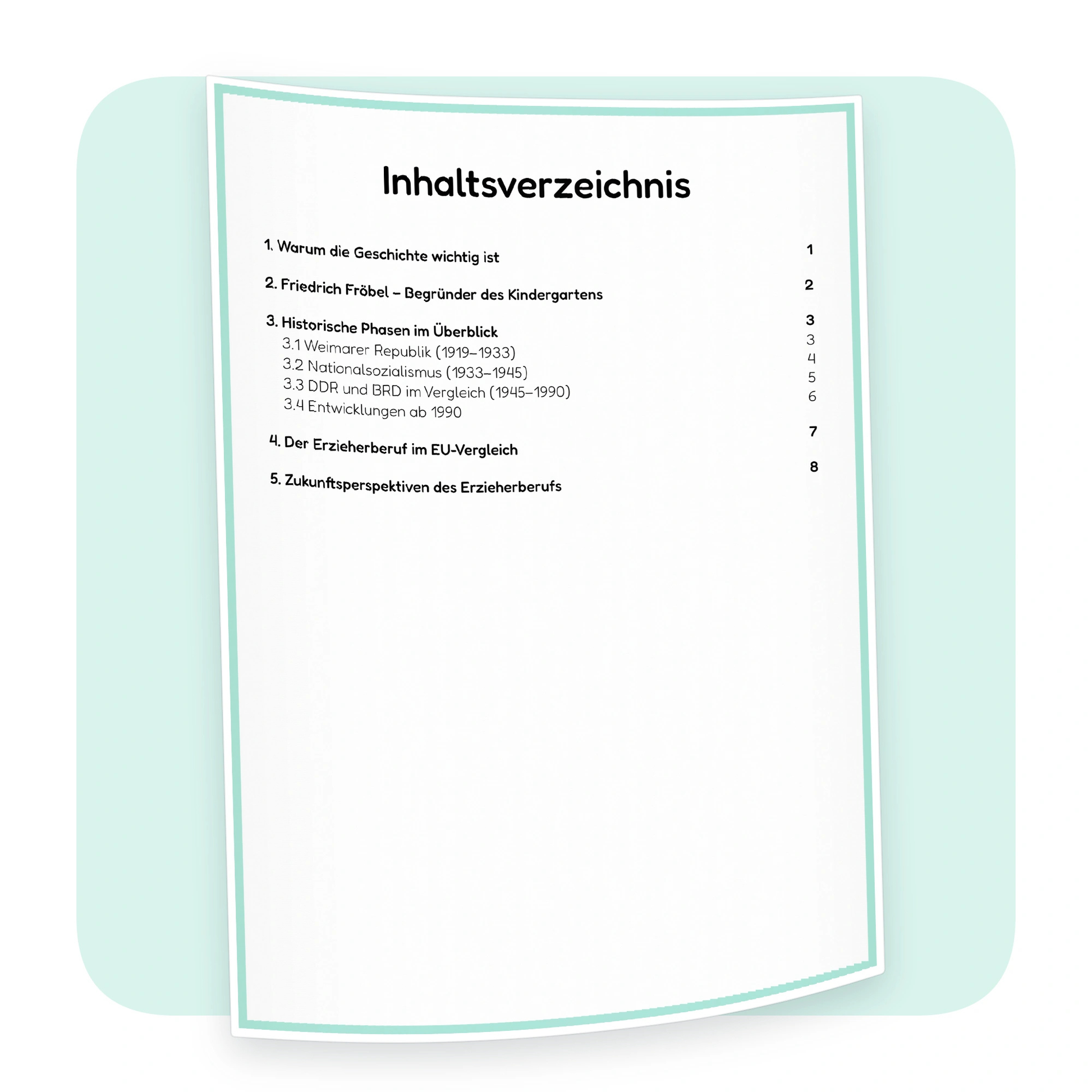 Inhaltsverzeichnis der PDF-Zusammenfassung „Die Entwicklung des Erzieherberufs“ mit den behandelten Themen - ErzieherWissen