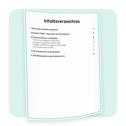 Inhaltsverzeichnis der PDF-Zusammenfassung „Die Entwicklung des Erzieherberufs“ mit den behandelten Themen - ErzieherWissen