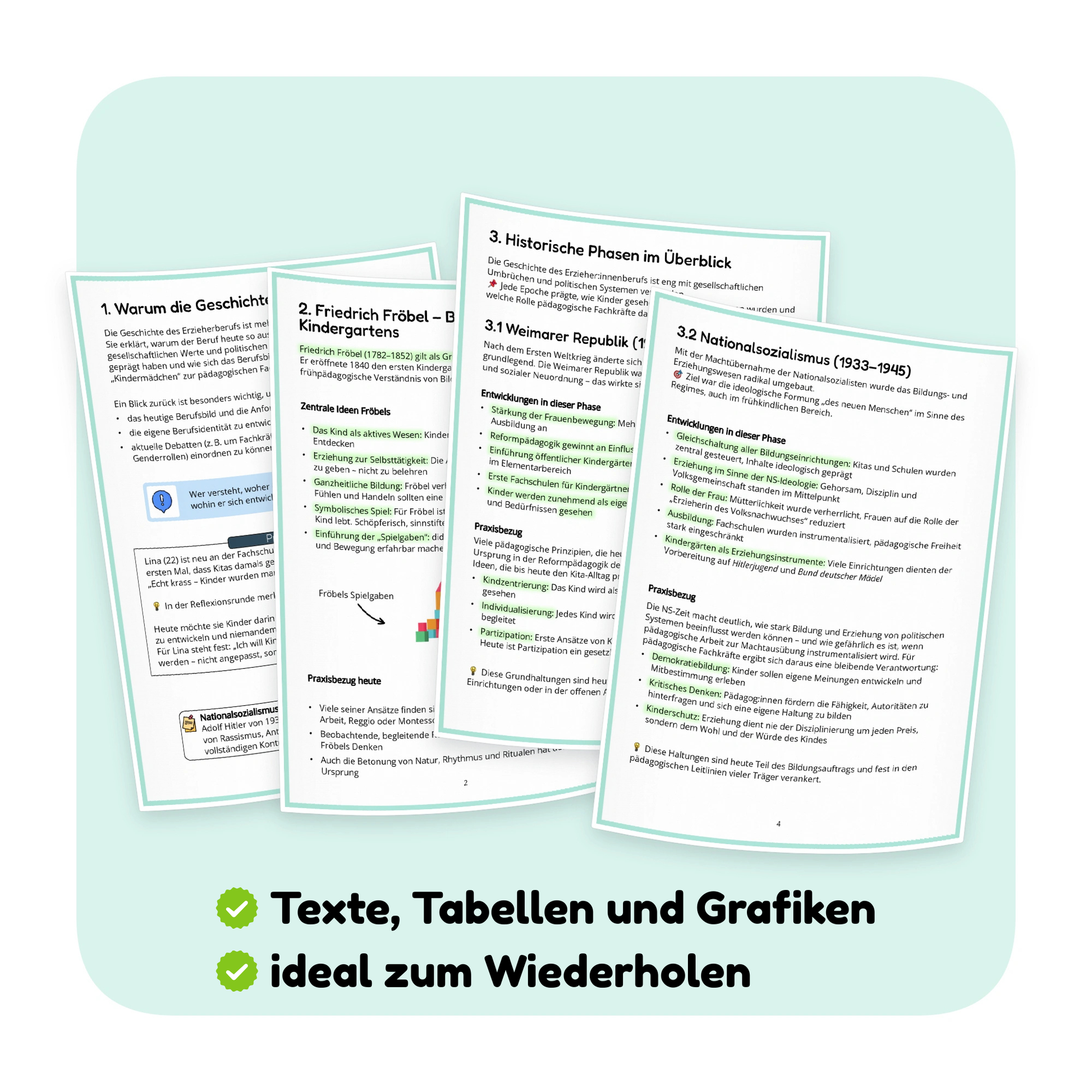 Vorschau mehrerer Lernseiten aus der PDF-Zusammenfassung „Die Entwicklung des Erzieherberufs“ mit Texten, Tabellen und Grafiken - ErzieherWissen
