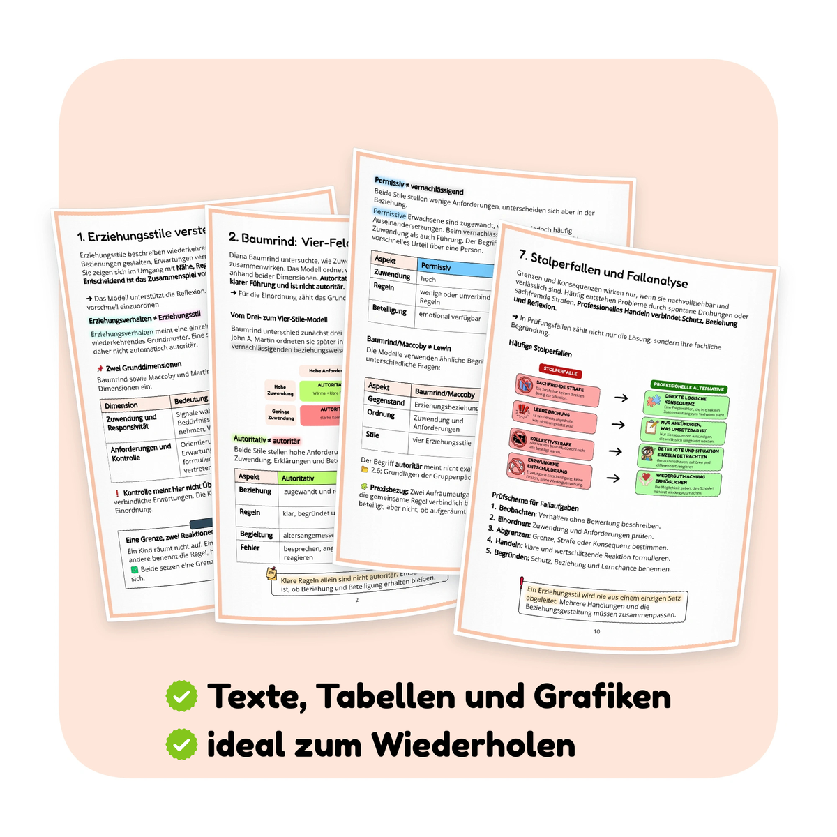 Vorschauseite mit Einblicken in Erziehungsstile, Tabellen, Grafiken und Fallanalyse