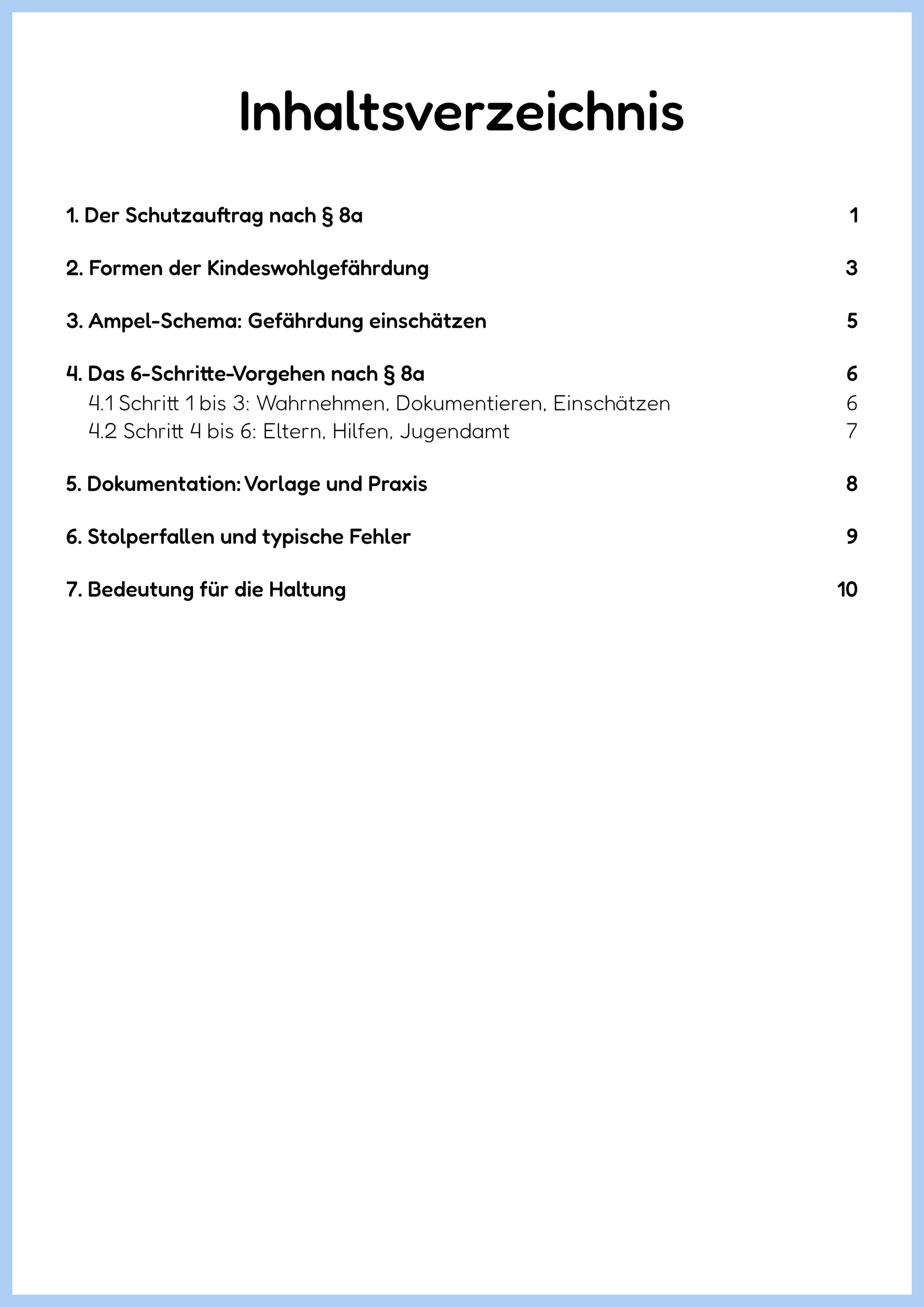 Inhaltsverzeichnis der PDF-Zusammenfassung „Schutzauftrag bei Kindeswohlgefährdung § 8a“ – Themenüberblick | ErzieherWissen