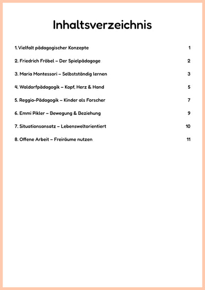 Inhaltsverzeichnis der PDF-Zusammenfassung „Pädagogische Konzepte – Fröbel, Montessori, Reggio & Co.“ – Themenüberblick | ErzieherWissen