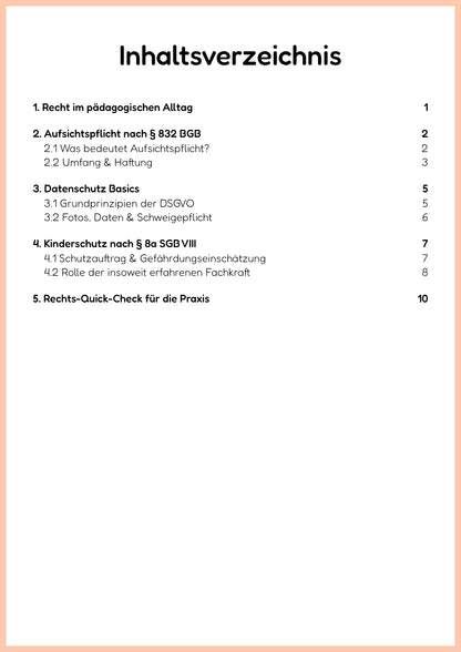 Inhaltsverzeichnis der PDF-Zusammenfassung „Rechtliche Grundlagen der Gruppenarbeit“ – Themenüberblick | ErzieherWissen