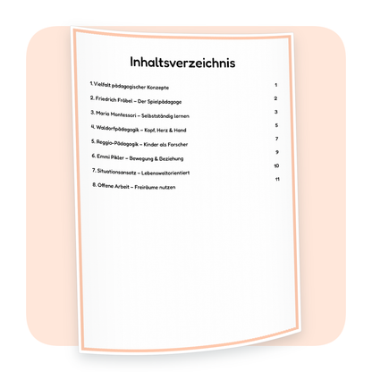 Inhaltsverzeichnis der PDF-Zusammenfassung „Pädagogische Konzepte – Fröbel, Montessori, Reggio & Co.“ | ErzieherWissen