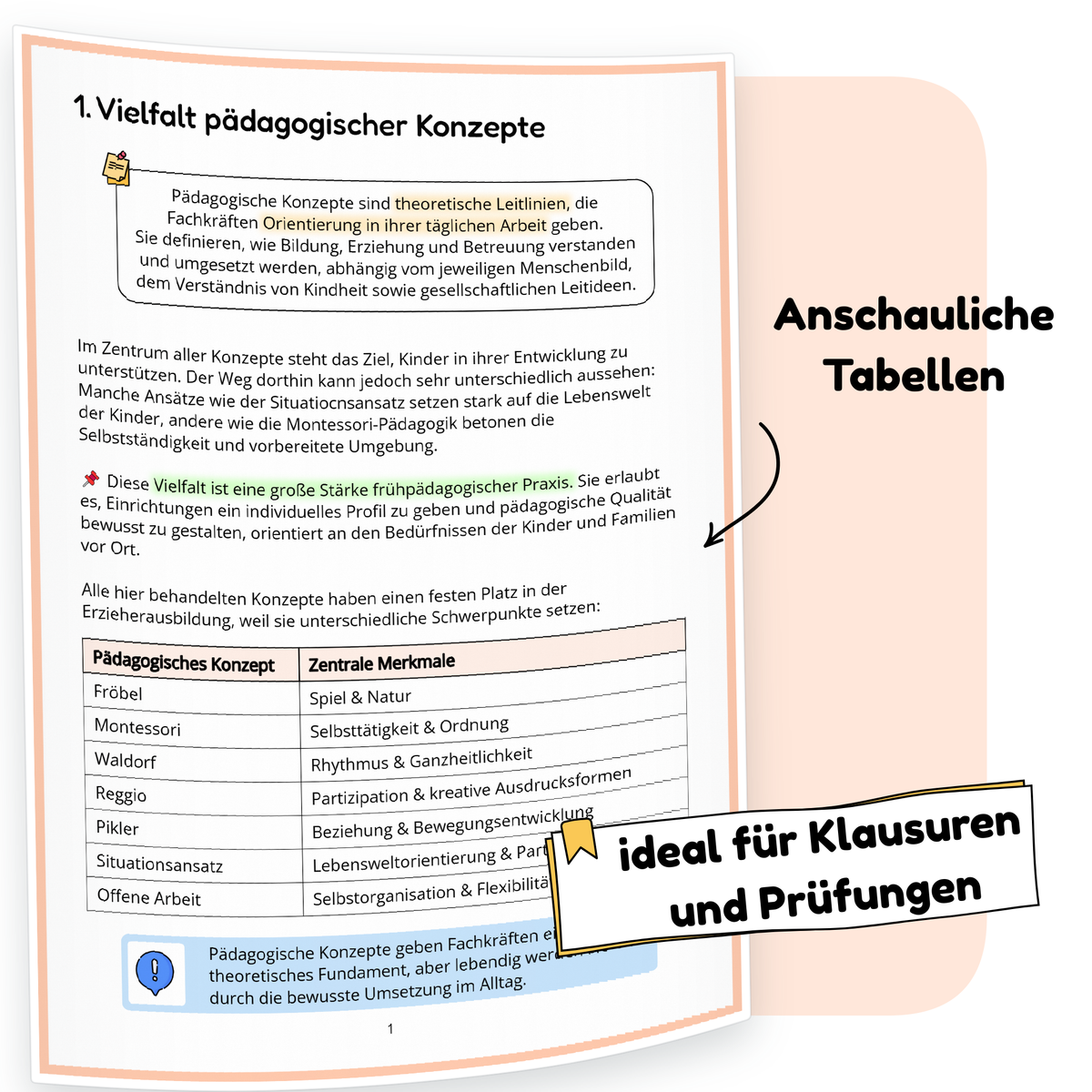 Beispielseite der PDF-Zusammenfassung „Pädagogische Konzepte – Fröbel, Montessori, Reggio & Co.“ | ErzieherWissen