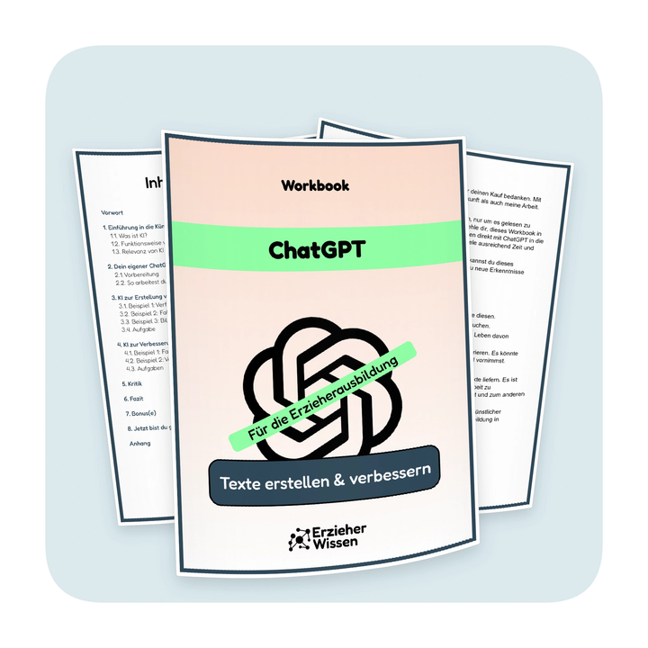 Produktübersicht des ChatGPT-Workbooks „Texterstellung & Verbesserung“ für die Erzieherausbildung | ErzieherWissen