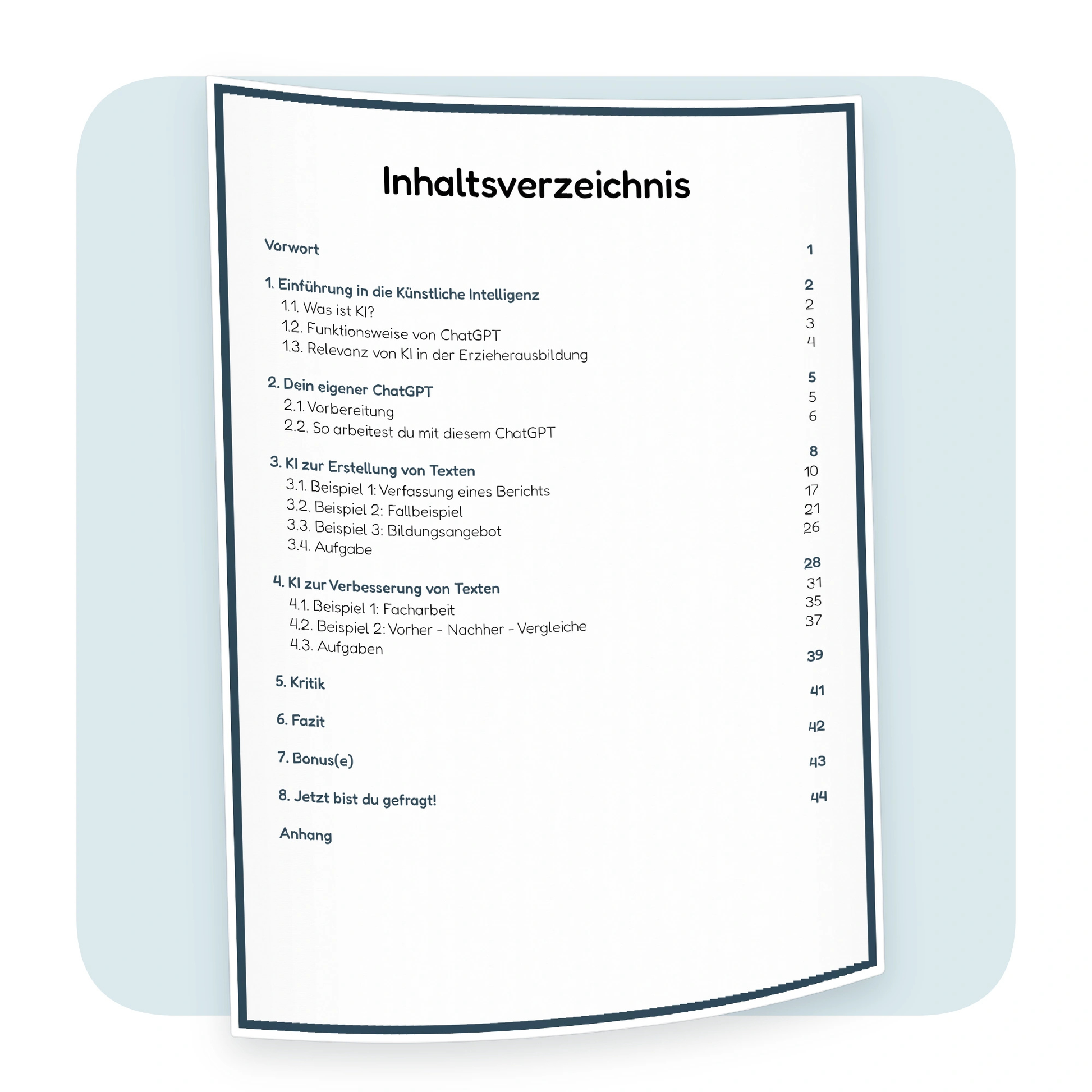 Inhaltsverzeichnis des ChatGPT-Workbooks „Texterstellung & Verbesserung“ für die Erzieherausbildung | ErzieherWissen