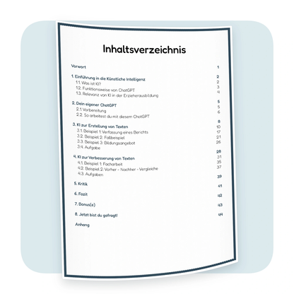 Inhaltsverzeichnis des ChatGPT-Workbooks „Texterstellung & Verbesserung“ für die Erzieherausbildung | ErzieherWissen