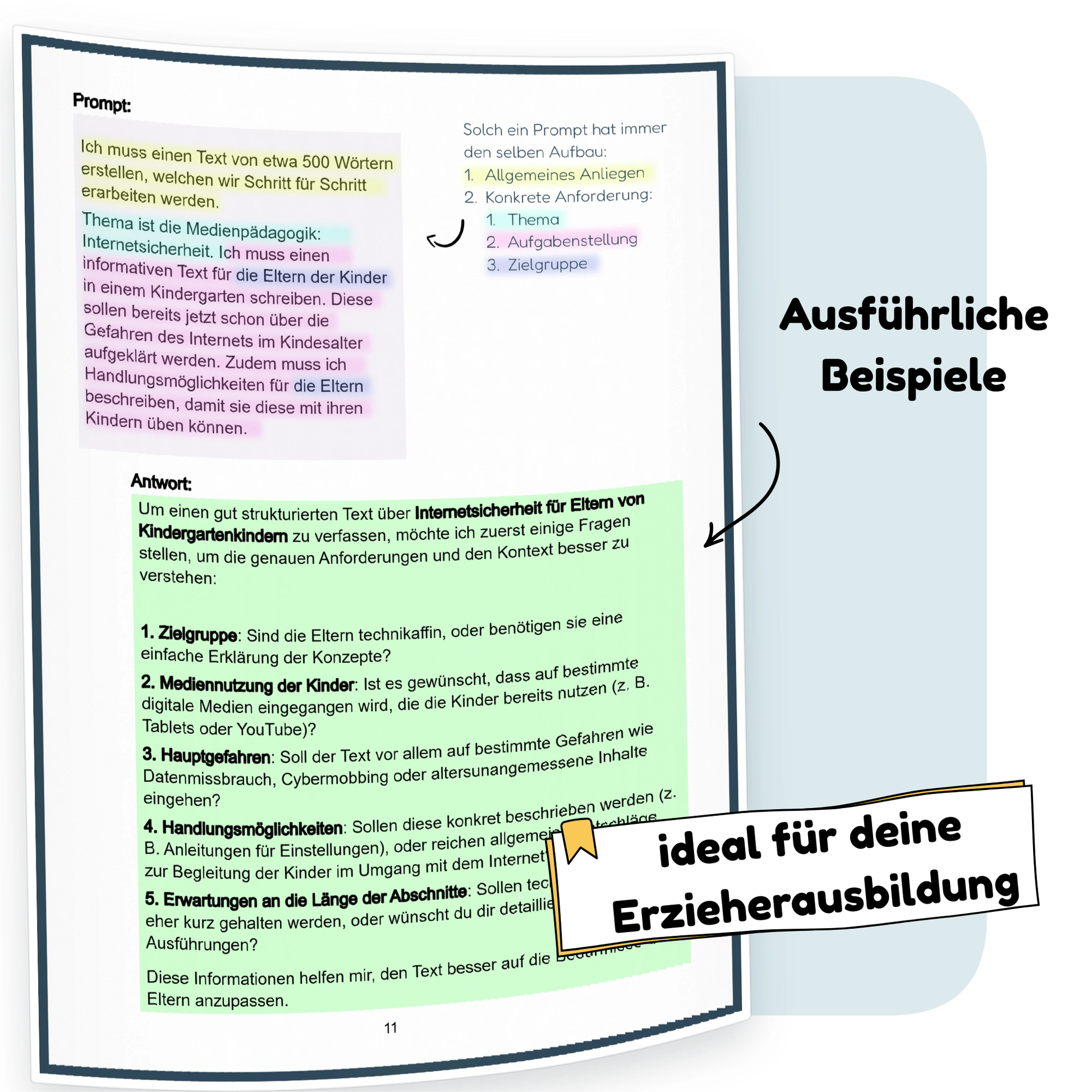 Beispielseite mit einem ChatGPT-Prompt für einen Elterntext aus dem Workbook „Texterstellung & Verbesserung“ | ErzieherWissen