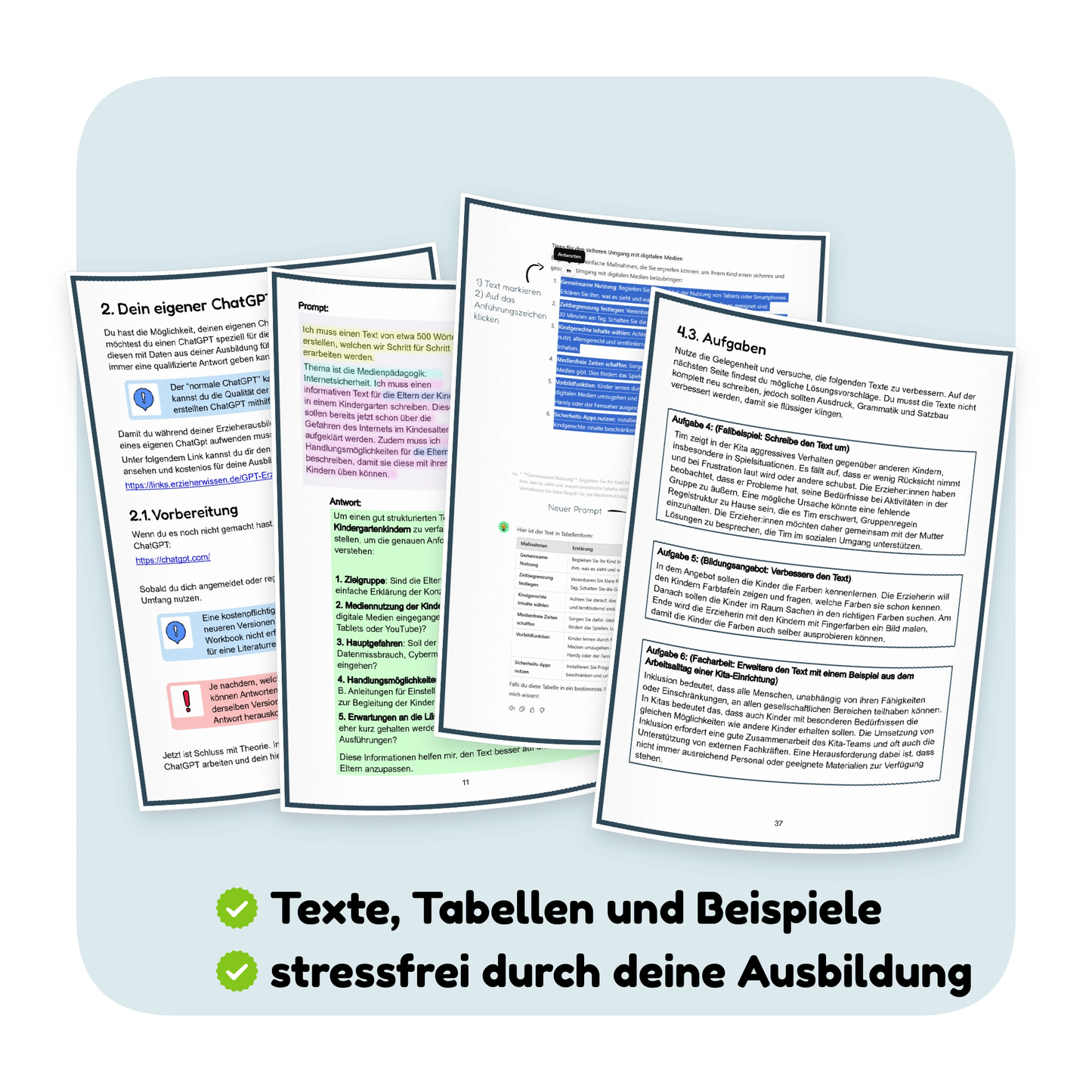 Seitenvorschau mit Text-, Tabellen- und Aufgabenbeispielen aus dem ChatGPT-Workbook „Texterstellung & Verbesserung“ | ErzieherWissen