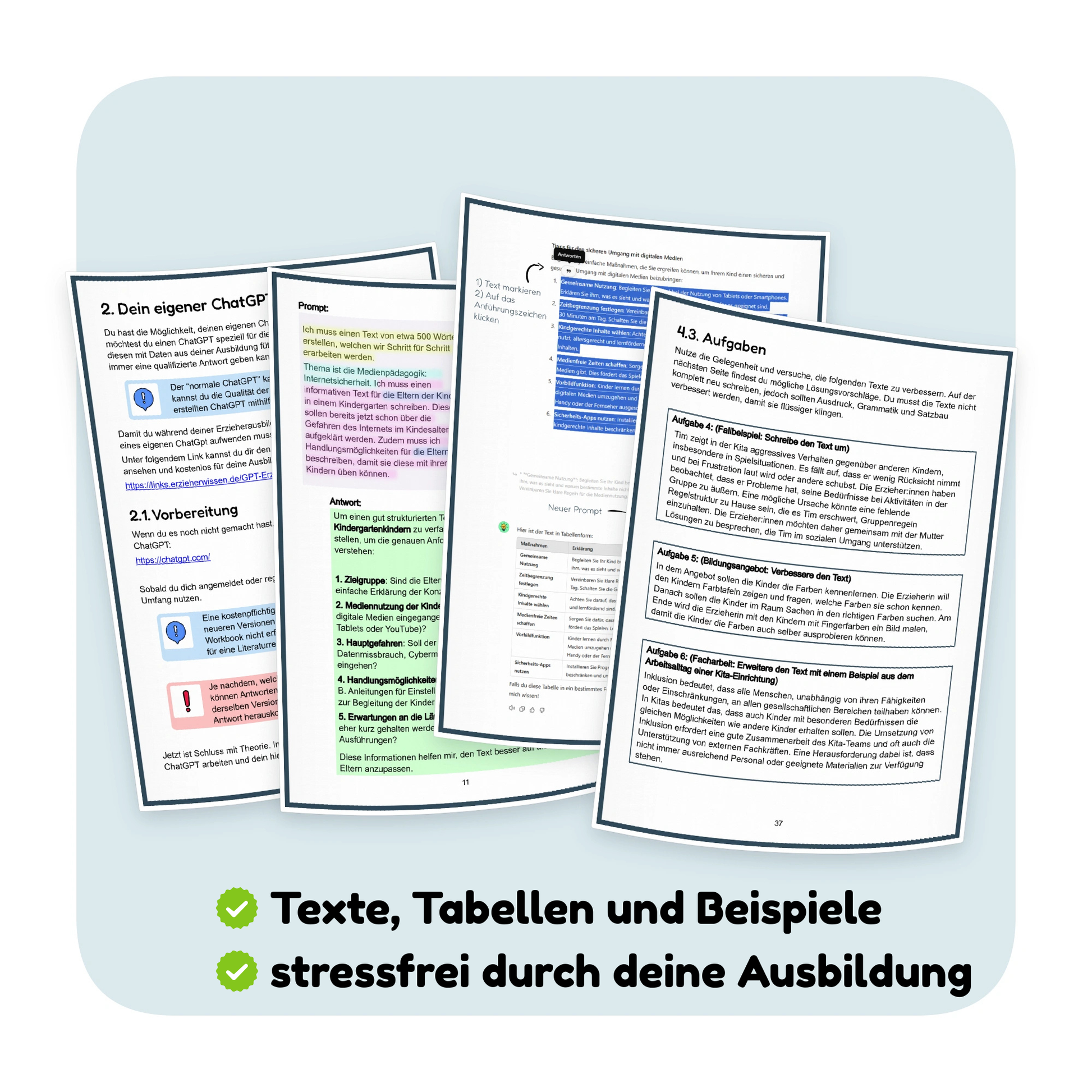 Seitenvorschau mit Text-, Tabellen- und Aufgabenbeispielen aus dem ChatGPT-Workbook „Texterstellung & Verbesserung“ | ErzieherWissen